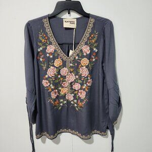 Savanna Jane NEW V-Neck Long Sleeve Gray with embroidery BOHO Blouse Top- Small
